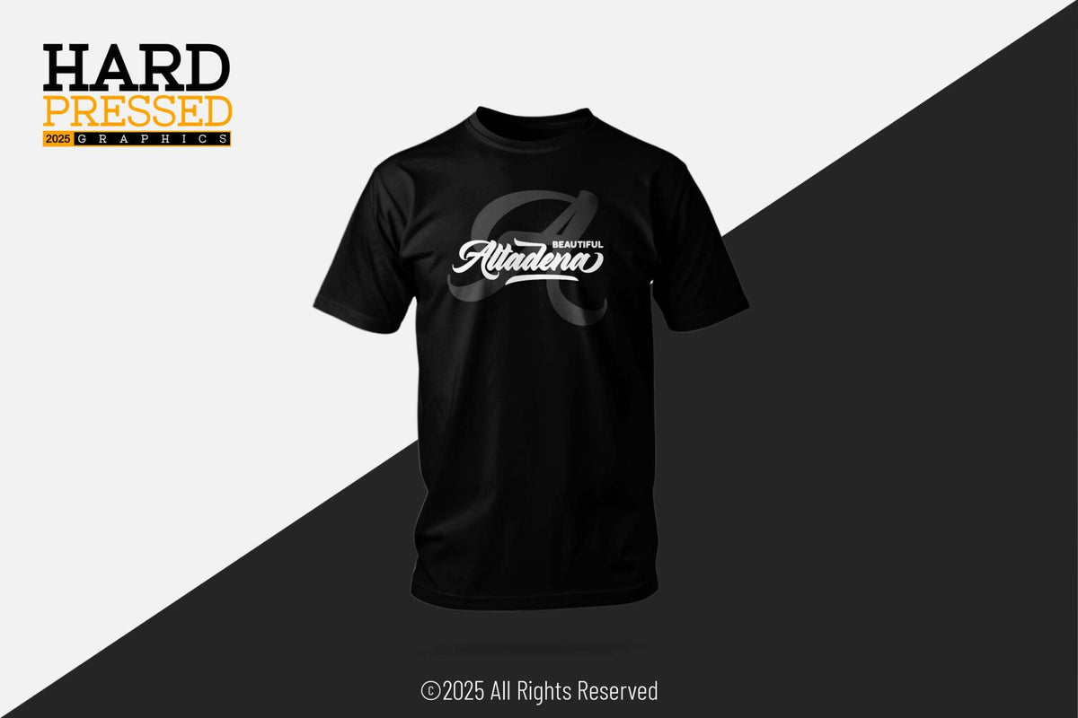 Pink and black A-Altadena short sleeve t-shirts with large A and Beautiful Altadena text