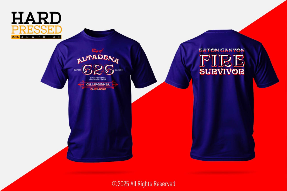 blue t-shirt with City of Courage design referencing Altadena and Eaton Canyon fire survivor