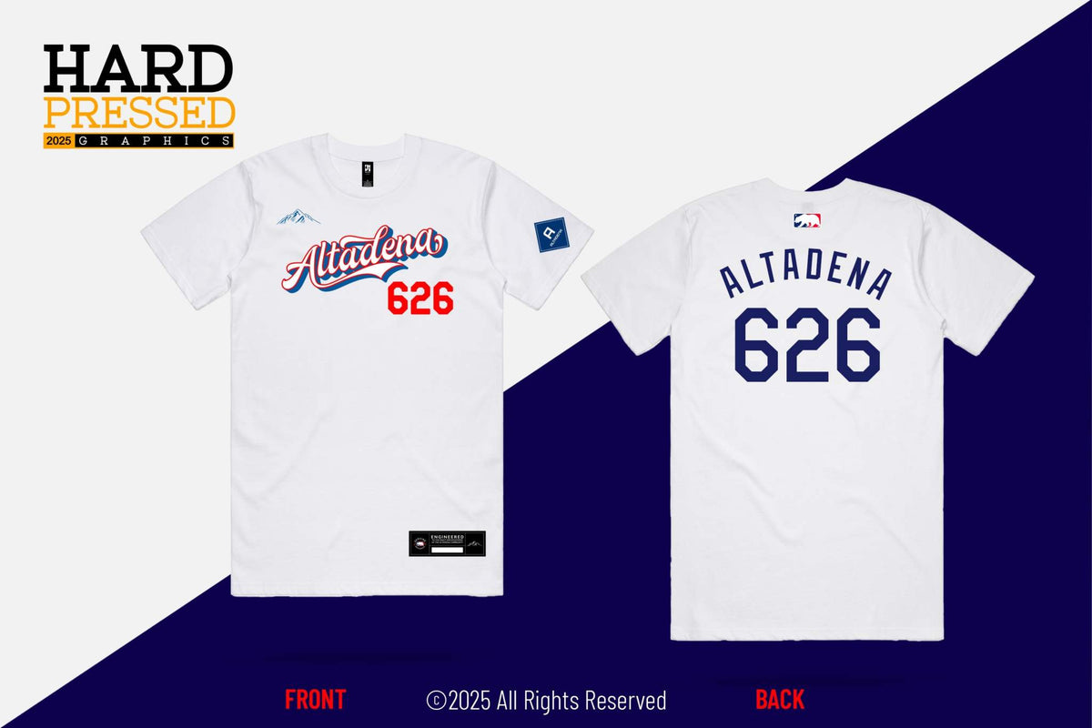 Blue gray white jersey t-shirts with Altadena 626 and mountain design