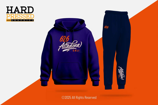 navy blue hooded sweatsuit with 626 altadena cali text