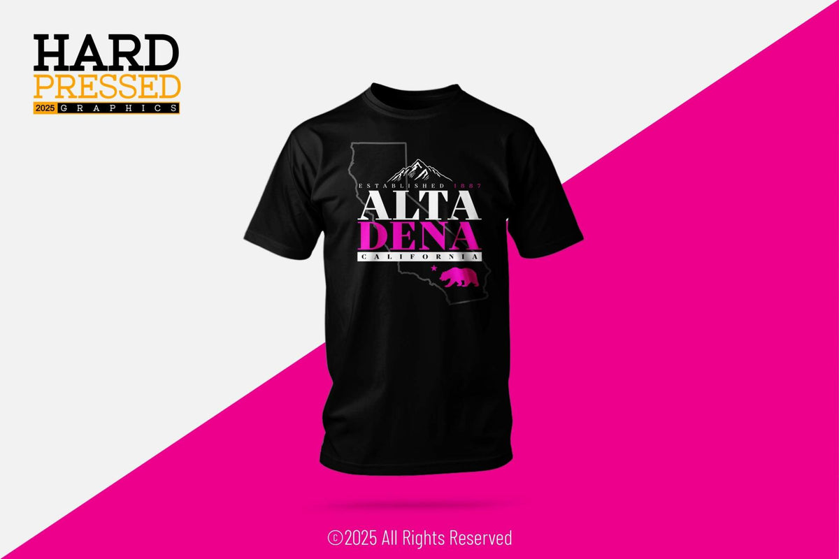 ALTA DENA tshirt with mountain and bear design in navy, black, and moss colors
