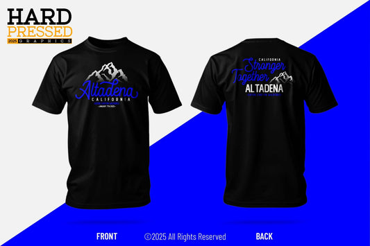 Black Altadena California T-shirt with mountain design and wildfire text
