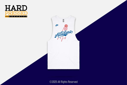 white sleeveless tank top with red flying rose ball and altadena text