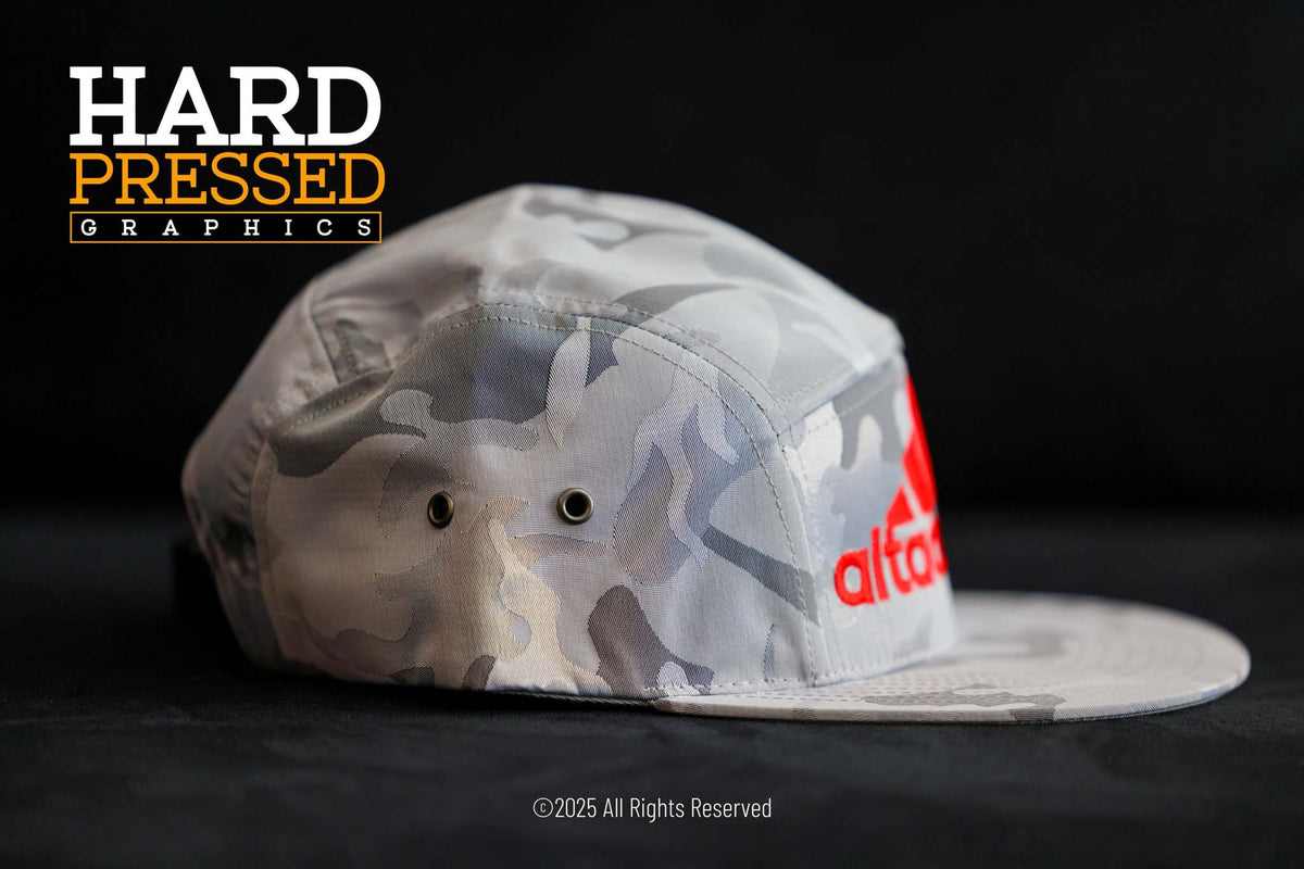Grey camo Altadena flip hat with red mountain design