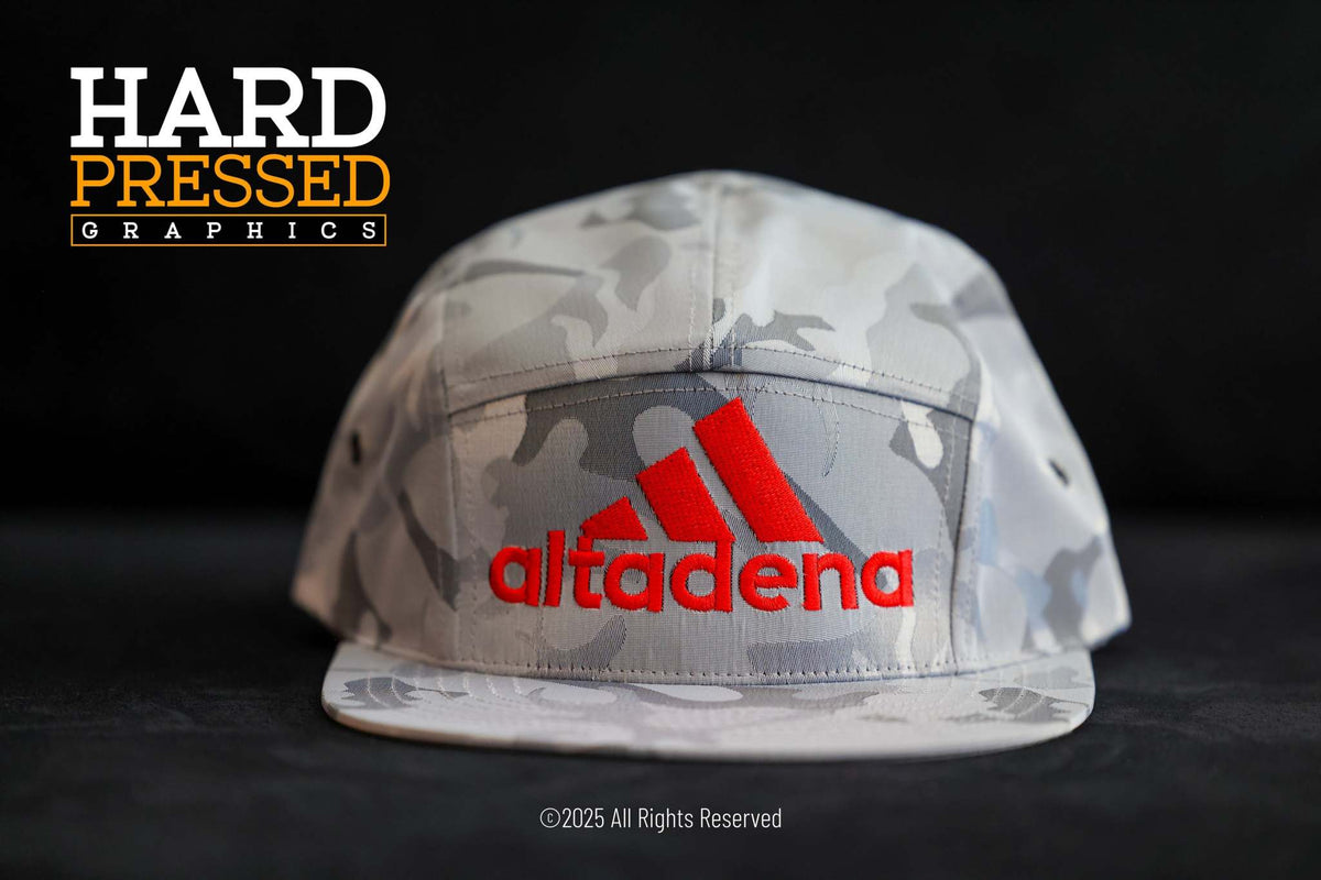 Grey camo Altadena flip hat with red mountain design