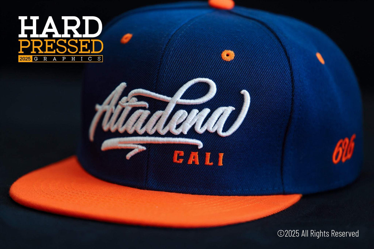blue altadena hat with orange rim and 626 text