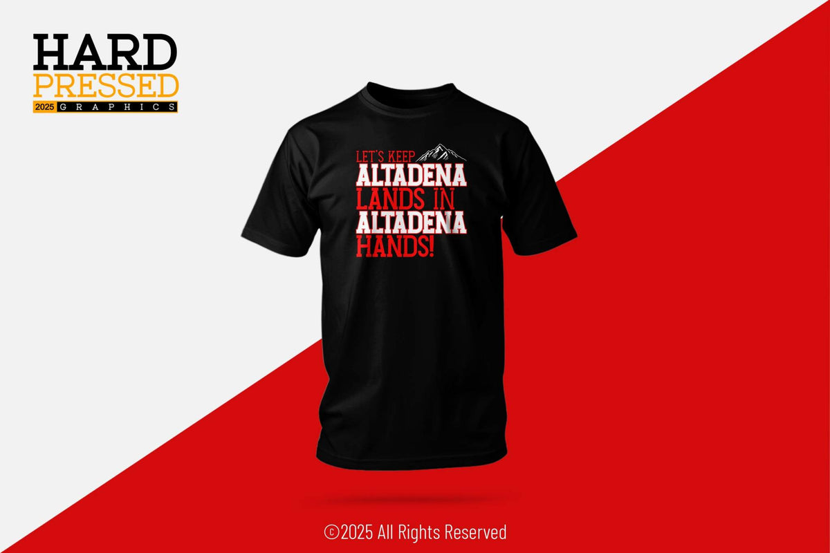 Black Altadena Lands T-shirt with mountain design and red white text
