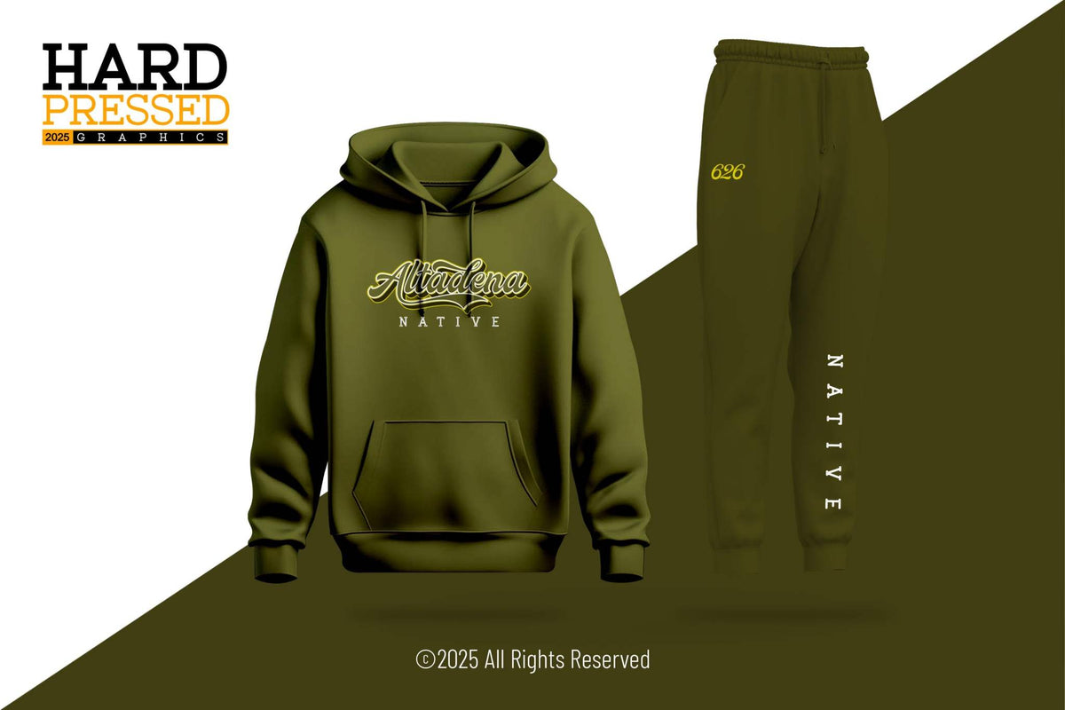Altadena Native army green sweatsuit available in small to 3X
