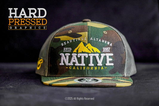 Army green camouflage Altadena Native hat with mountain design
