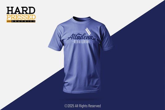 Blueprint and documents print on Indigo Altadena Rebuilding cotton t-shirt
