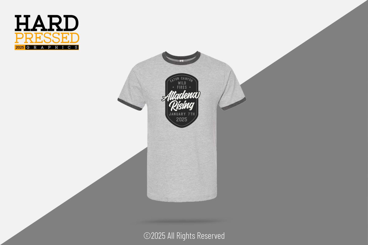 Altadena Rising gray retro T-shirt with Eaton Canyon wildfire text