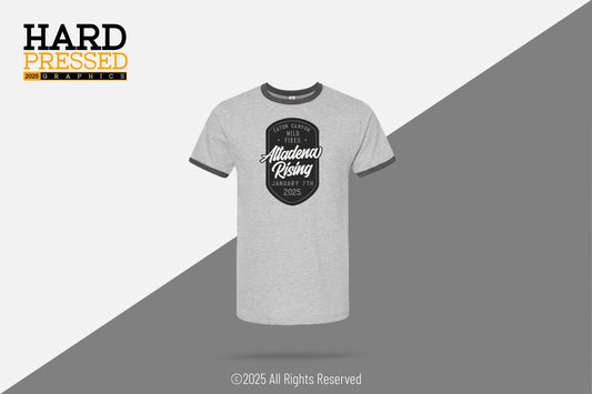 Altadena Rising gray retro T-shirt with Eaton Canyon wildfire text