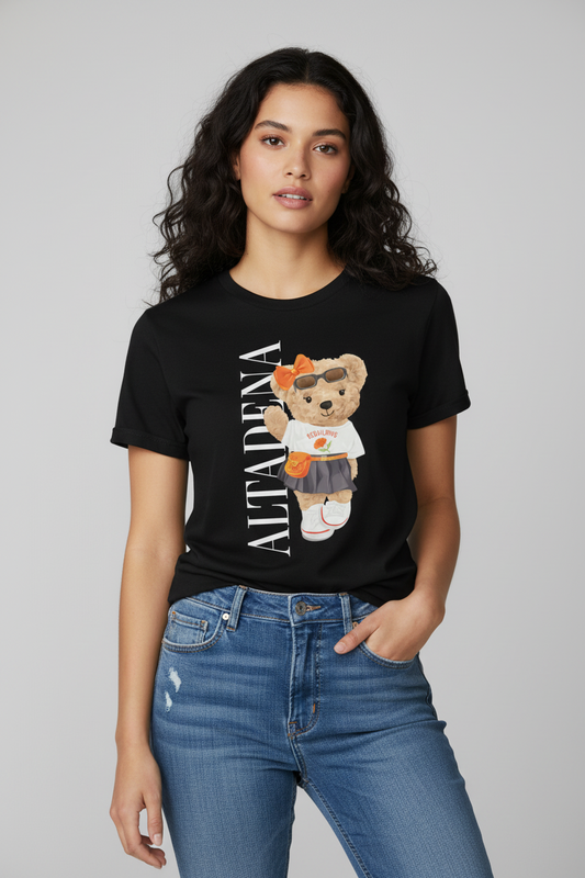 Altadena She Bear T-shirt with fluffy bear design in black and orange