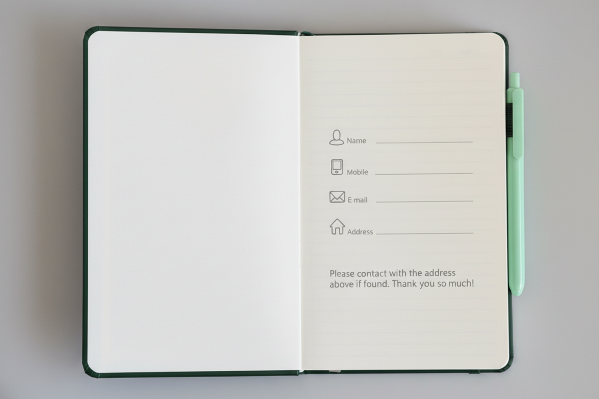Dark green Beautiful Altadena notebook with orange embossed text and integrated pen