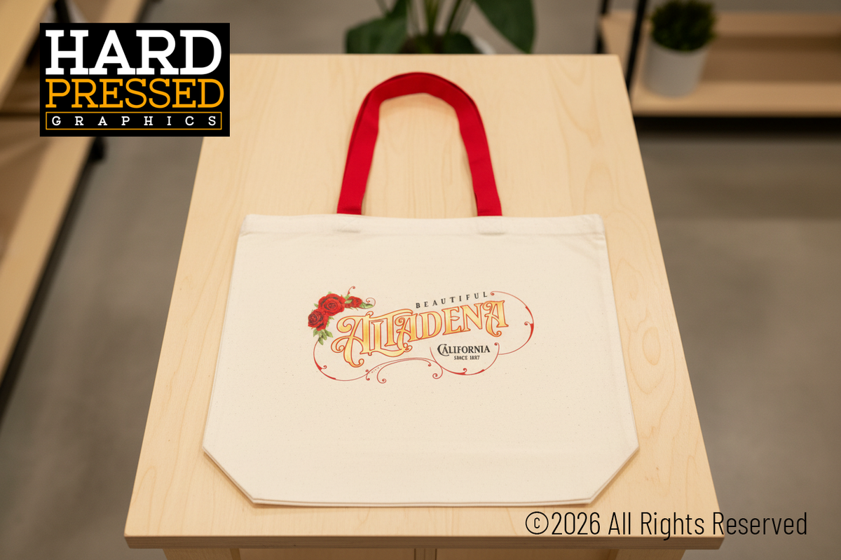 Cream canvas tote bag with red handles and Beautiful Altadena California print