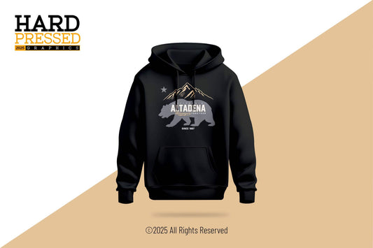 black big bear hoodie with california altadena text and mountain background