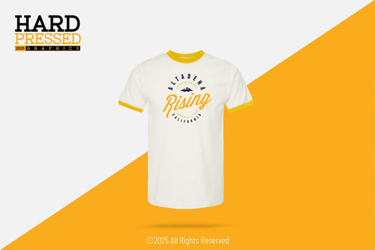 cream short sleeve yellow trimmed t-shirt with Altadena Rising mountain design