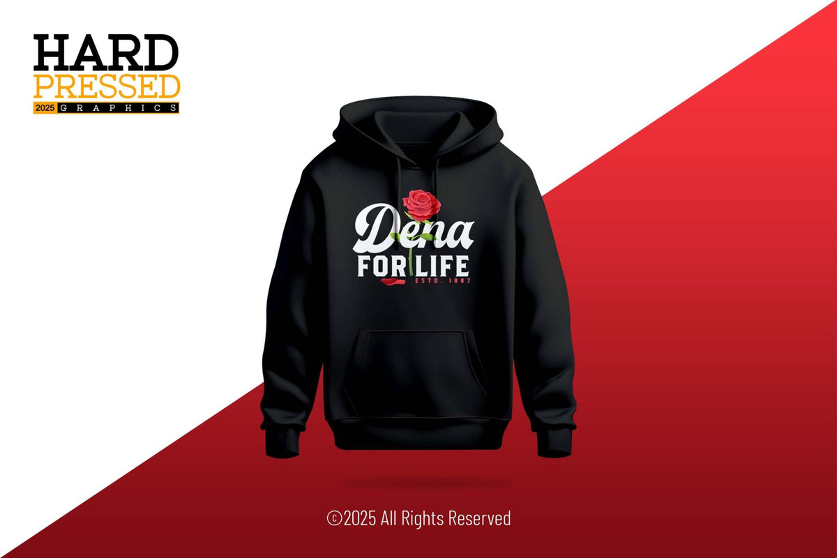 black dena for life hoodie with red rose graphic
