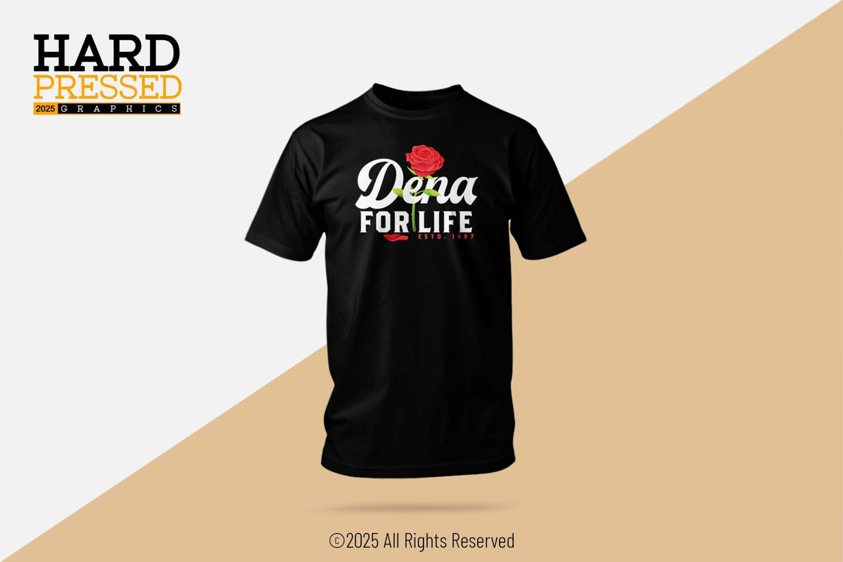 black Dena For Life T-shirt with red rose design