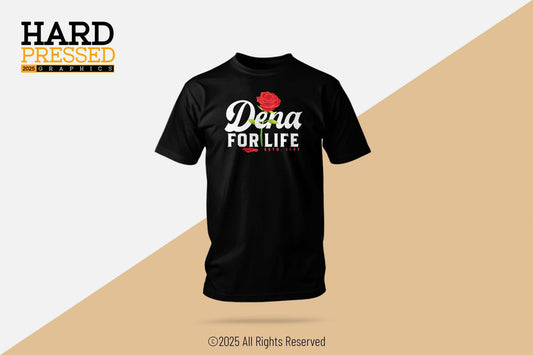 black Dena For Life T-shirt with red rose design