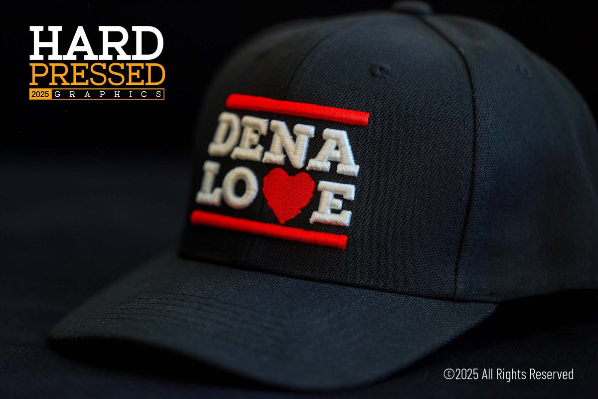 black dena love hat with white text and red heart