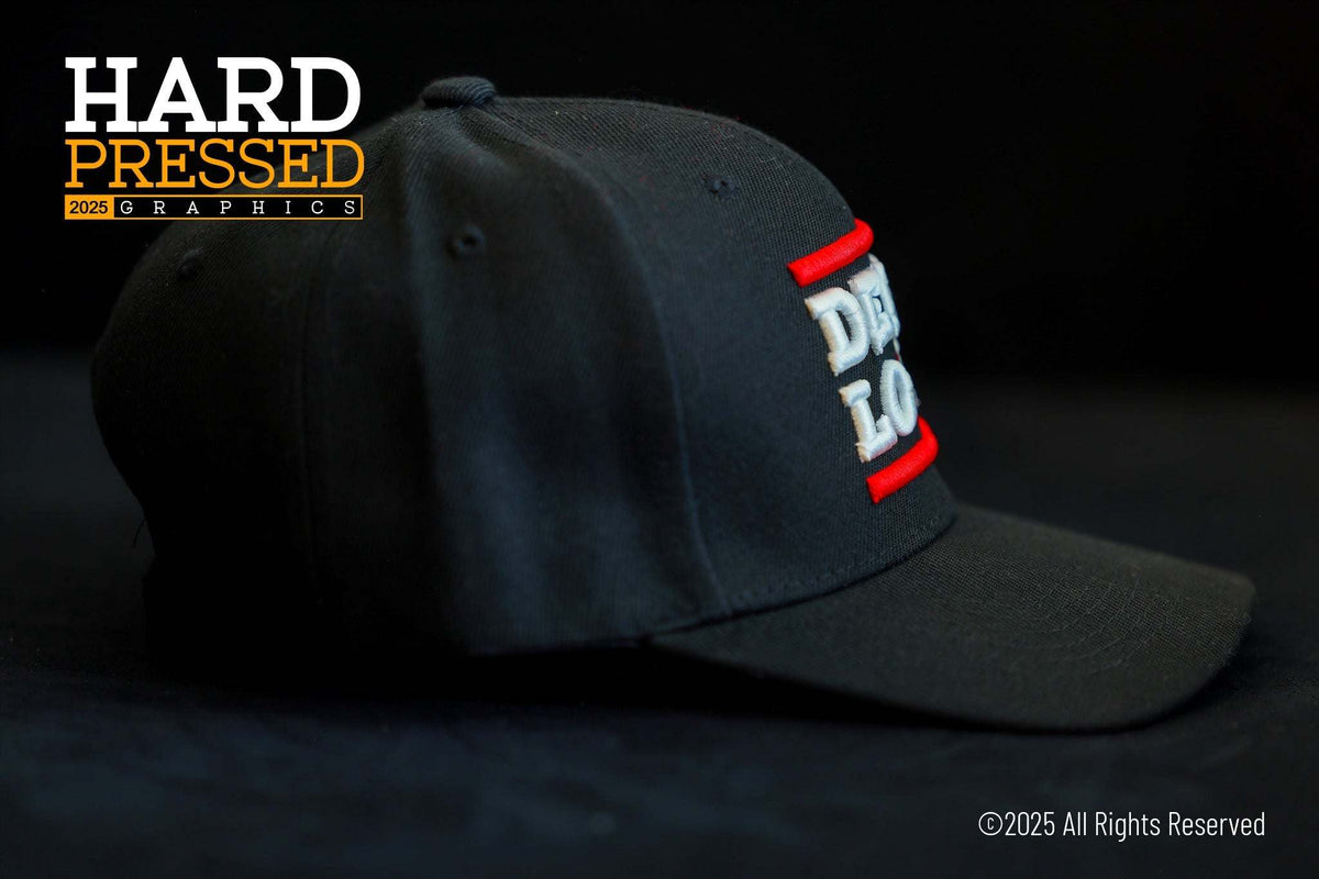 black Dena Love hat with white text and red heart