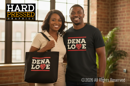 Black Dena Love tote bag with white text and red rose design