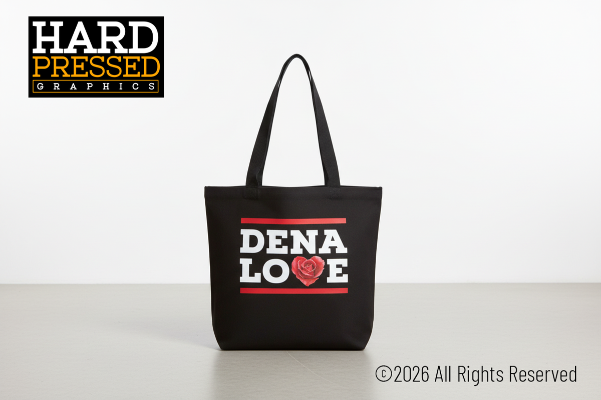 Black Dena Love tote bag with white text and red rose accent