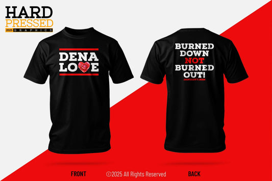 Black Dena Love T-Shirt with heart-shaped rose and inspirational text