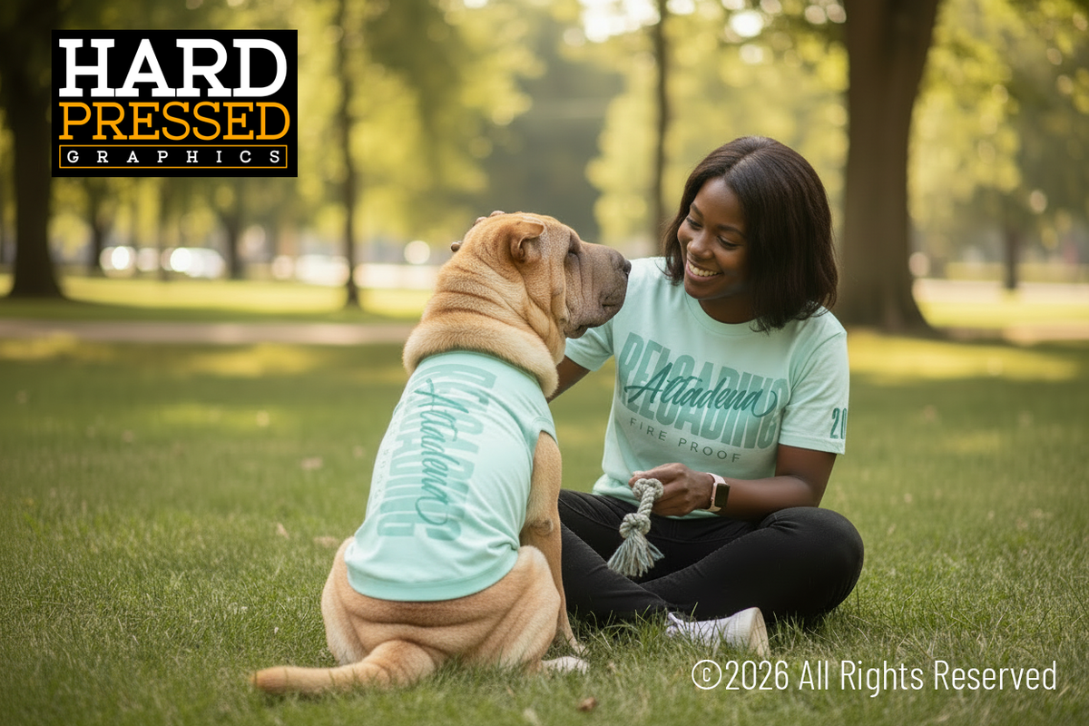 Sea foam green doggie reloading t-shirt with Altadena Reloading Fire Proof design