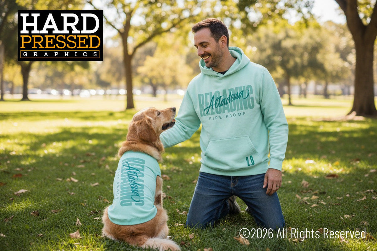sea foam green doggie reloading t-shirt with altadena fire proof text