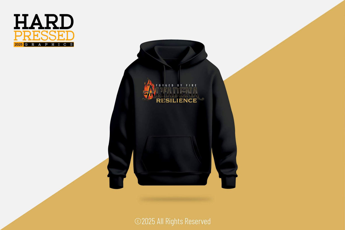 black forged by fire hoodie with flame graphic and altadena resilience text