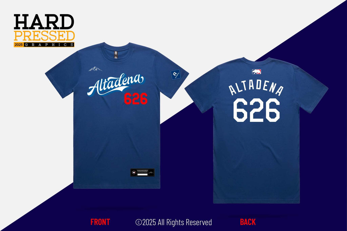 Blue, gray, and white jersey t-shirts with Altadena 626 design