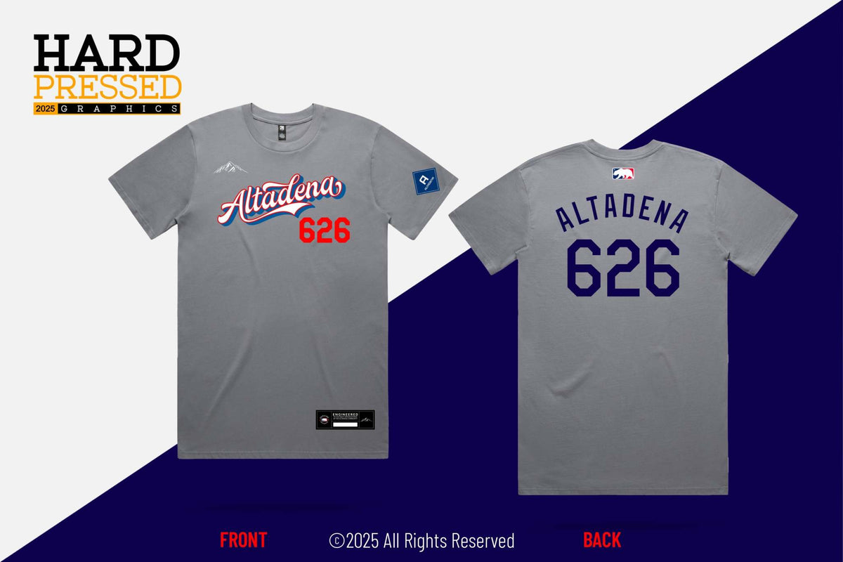 Blue gray white jersey t-shirts with Altadena 626 mountain design