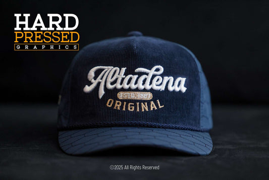 Quilted navy blue OG Altadena hat with roped trim and gold lettering