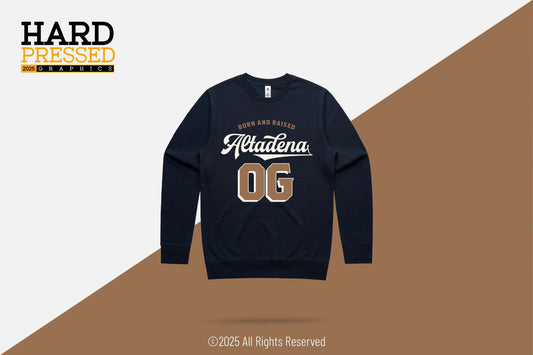 navy blue og altadena sweater with metallic gold and white text