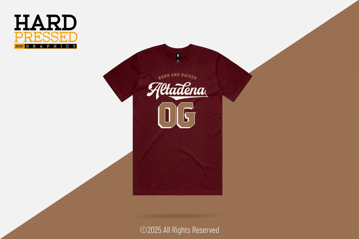 Navy and burgundy OG Altadena T-Shirts with metallic gold and white text