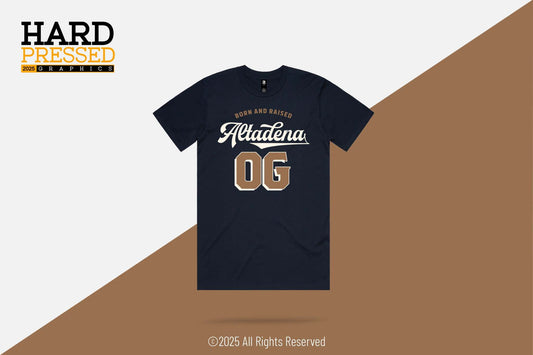 OG Altadena T-Shirt in navy and burgundy with metallic gold and white text