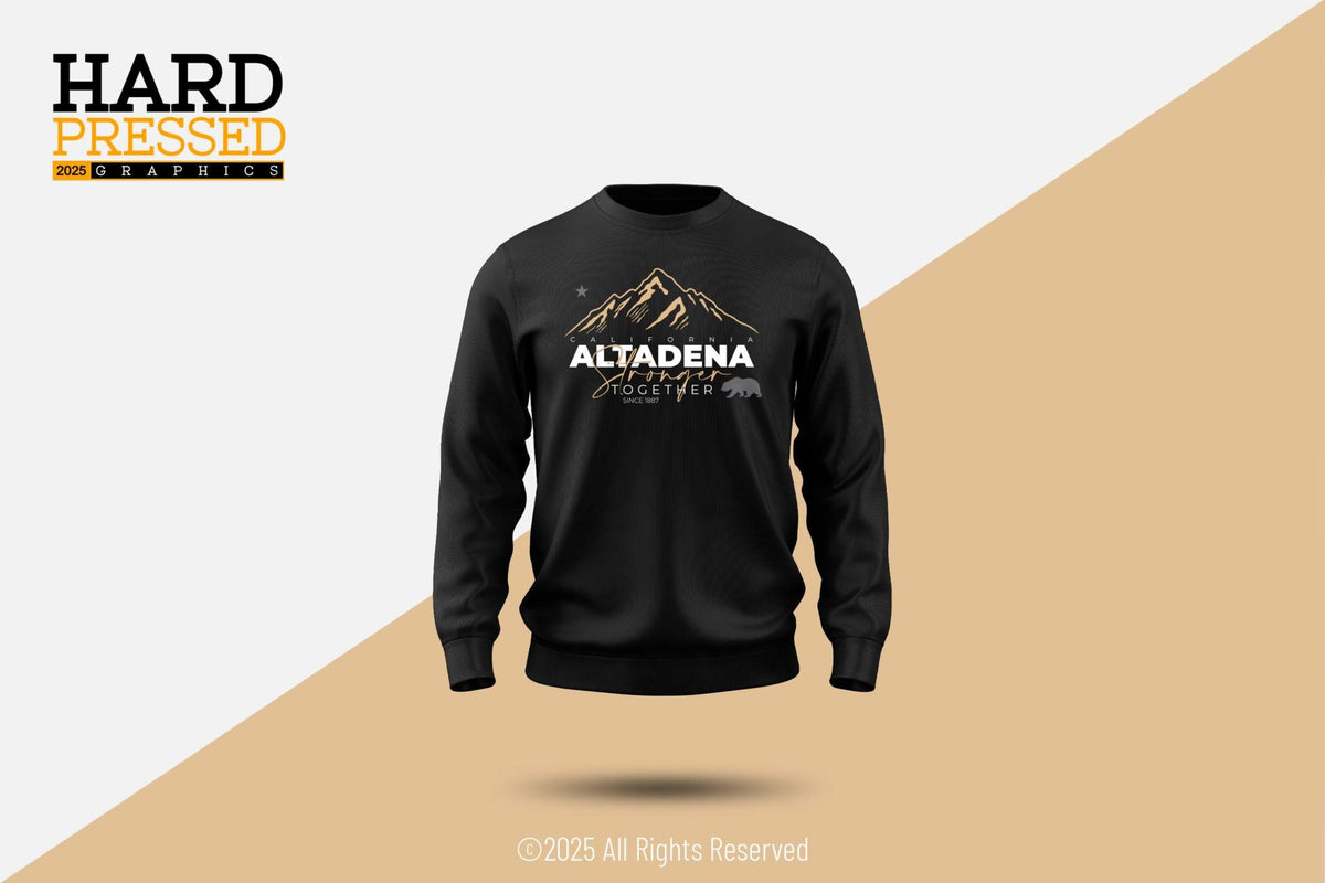 black original stronger together sweater with mountainous background