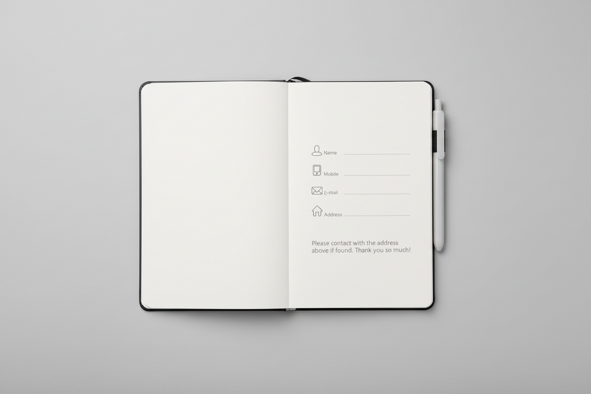 Black Our Return Notebook with pen featuring mountain and construction tools design