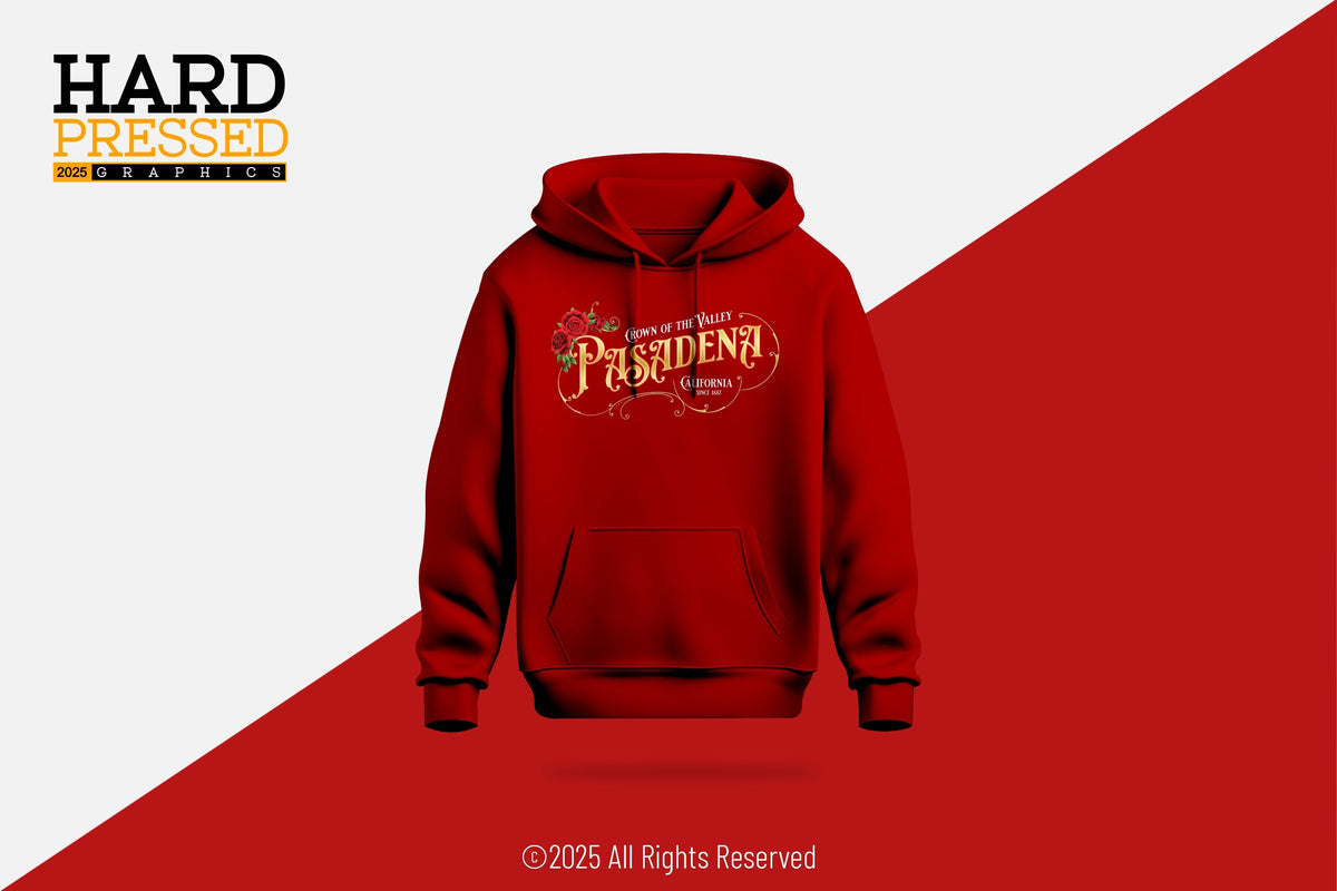 red pasadena crown city hoodie with roses and text