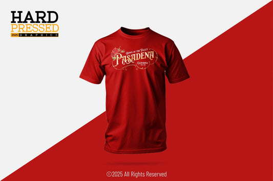 Red Pasadena Crown City T-shirt with roses and Crown of the Valley print