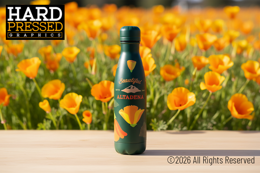 dark green 17 oz poppy fields textured tumbler with yellow flowers