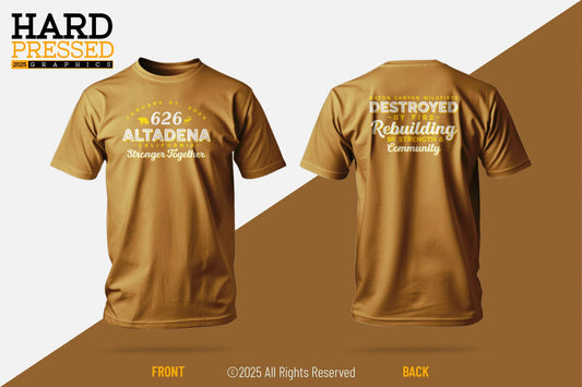 carmel colored rebuilding by strength t-shirt with wildfire recovery message
