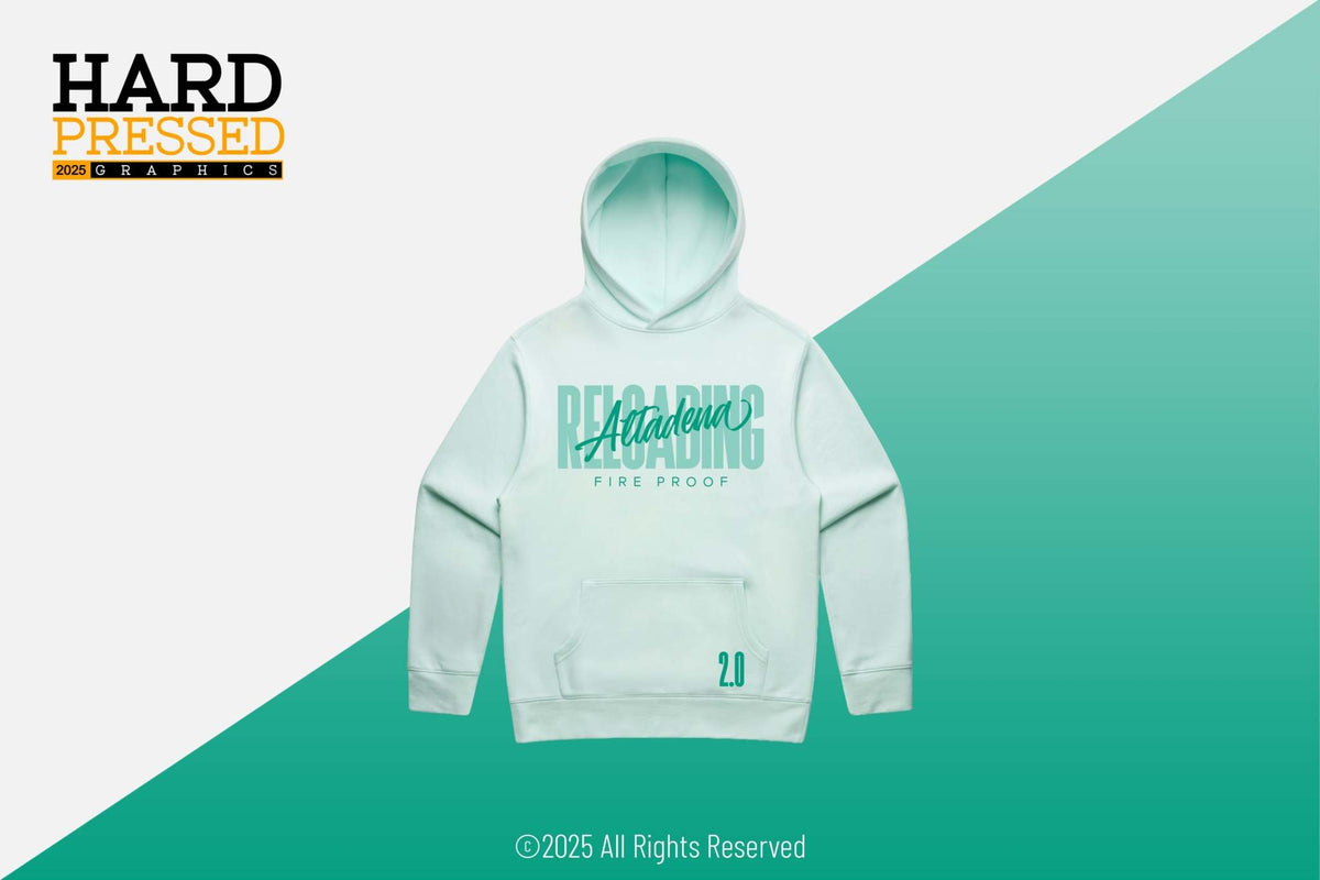 Sea foam green reload hoodie with Altadena Reloading Fire Proof 2.0 pocket design