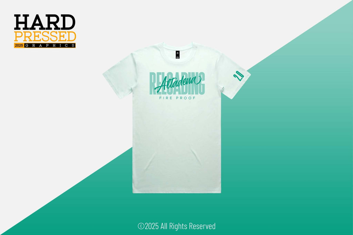 sea foam green reloading t-shirt with Altadena Reloading fire proof text