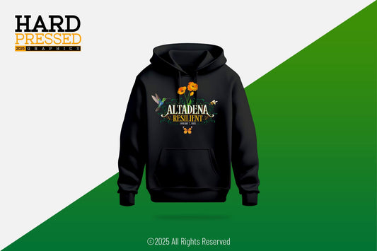 Black resilient hoodie with hummingbird, poppy flowers, butterfly, and bee design
