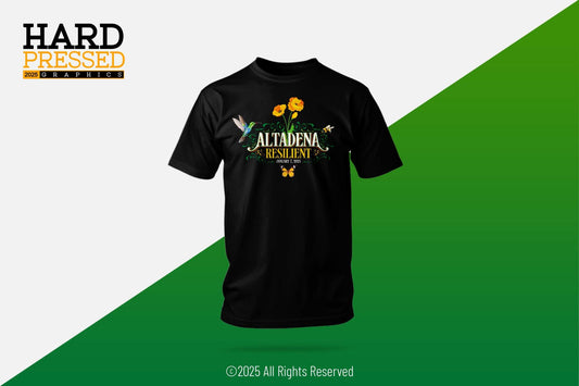 black resilient t-shirt with hummingbird and poppy flowers design