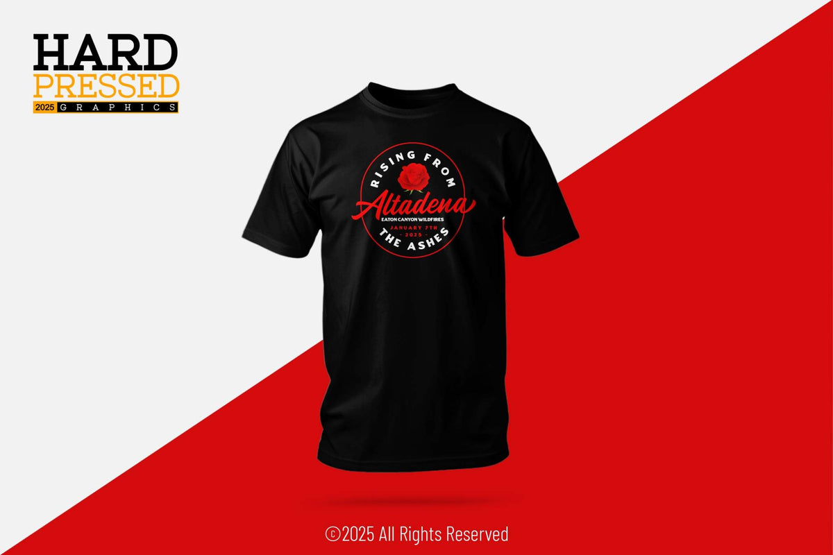 black cotton t-shirt with rose and rising from ashes text