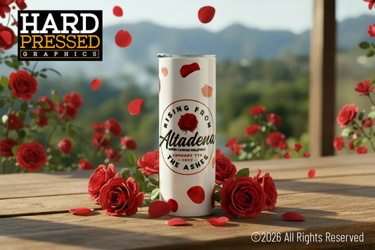 white 20oz tumblers with rose and wind blown petals rising from ashes
